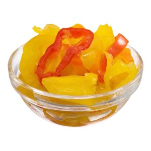 Banana pepper rings in a glass bowl