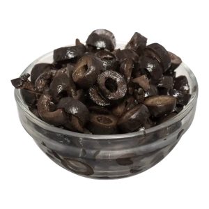 Sliced black olives in a glass bowl