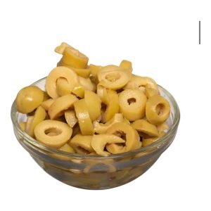 Sliced green olives in a glass bowl