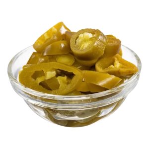 Sliced jalapenos in a glass bowl